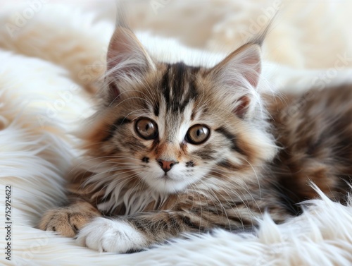 Young Cat Resting on White Fur Background