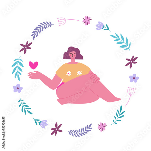 Body positive woman. A girl with a heart in her hand sitting inside floral round border. Happy girl in pink panties. Vector illustration
