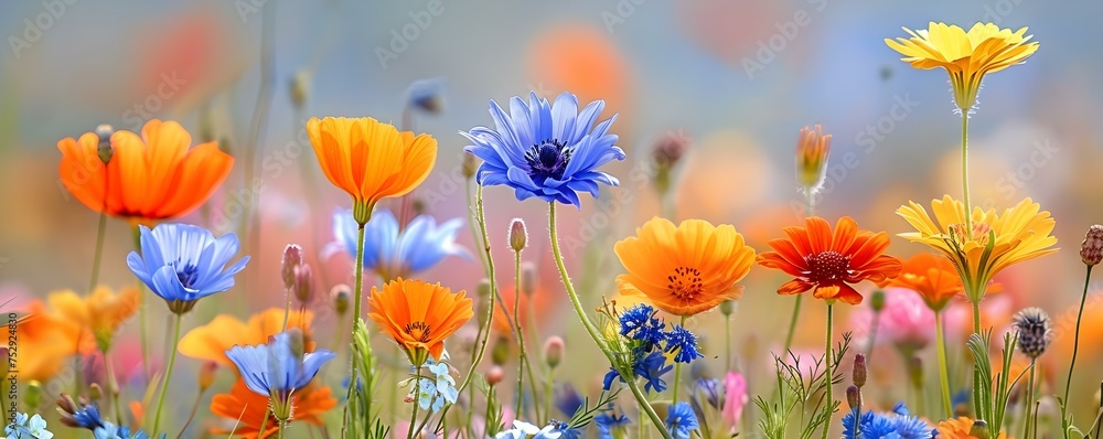 Fototapeta premium Vibrant wildflowers bloom in a field creating a colorful display of nature. Concept Nature, Wildflowers, Vibrant, Field, Colorful