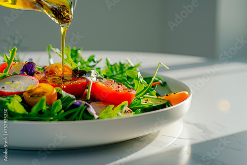 Close-up of vegetable salad with olive oil pouring