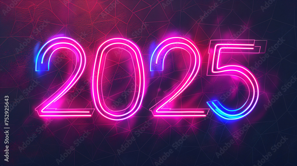 Happy New Year 2025, bright glowing neon sign typography numbers design over dark blue background. Happy New Year 2025, bright glowing neon sign typography numbers design over dark blue background.