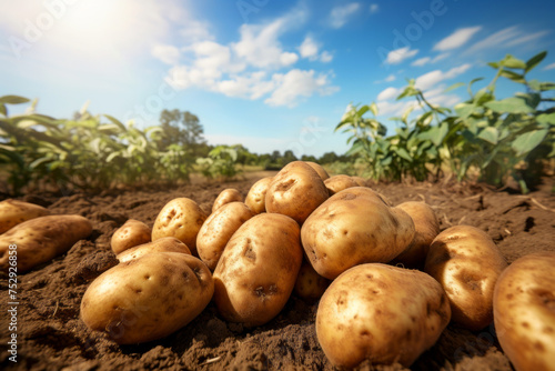 Freshly dug new potatoes in the field close up against the sky 