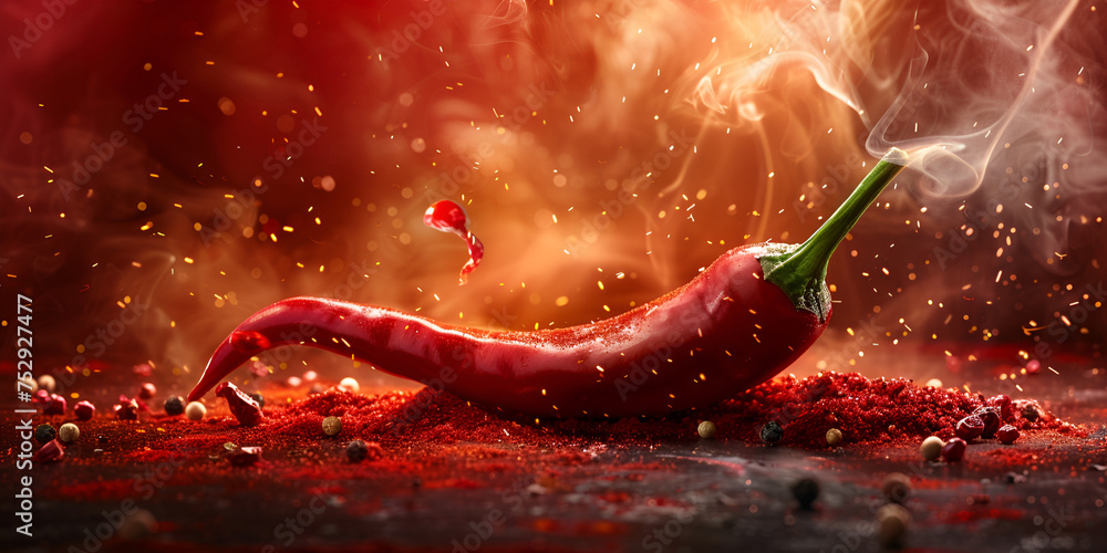 Red hot chili pepper with flame fiery hot fresh red spicy food and spices blurred background - obrazy, fototapety, plakaty 