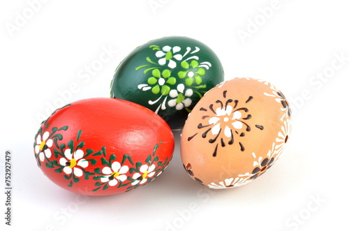 Easter eggs on white background. Home made, hand made decoration.