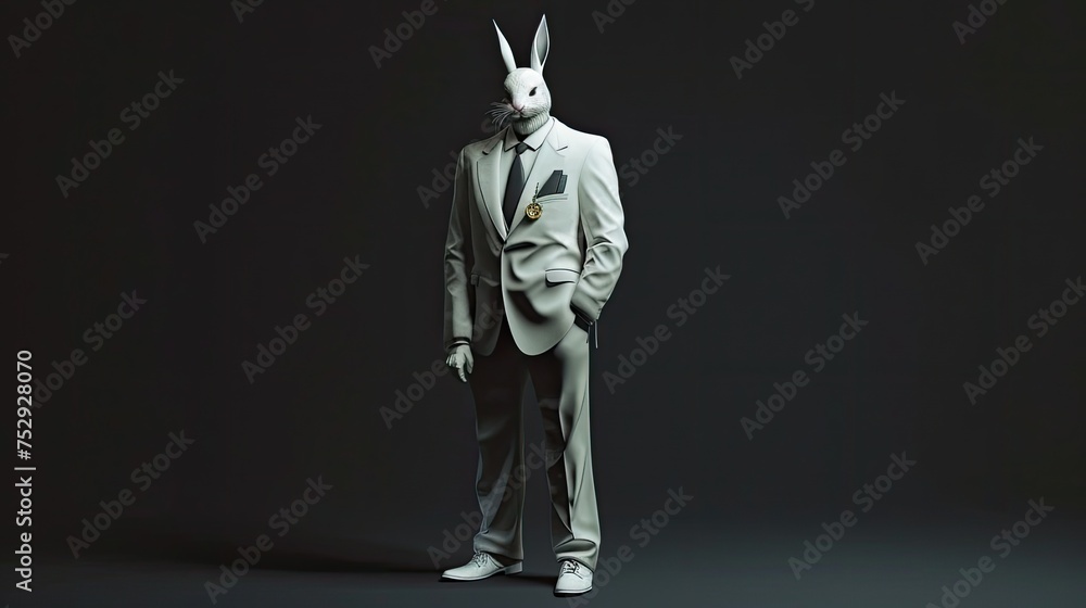 an elegantly dressed male donning a 3-piece white suit with coat tails, white shoes, and a white rabbit mask, a black necktie, in a heroic pose against a dark background. an elegantly dressed male donning a 3-piece white suit with coat tails, white shoes, and a white rabbit mask, a black necktie, in a heroic pose against a dark background.