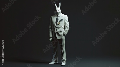 an elegantly dressed male donning a 3-piece white suit with coat tails, white shoes, and a white rabbit mask, a black necktie, in a heroic pose against a dark background. © lililia