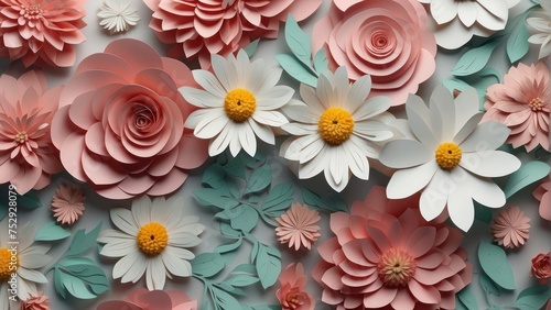 3d render, horizontal floral pattern. Abstract cut paper flowers isolated on white, botanical background. Rose, daisy, dahlia, leaves in pastel colors. Modern decorative handmade design