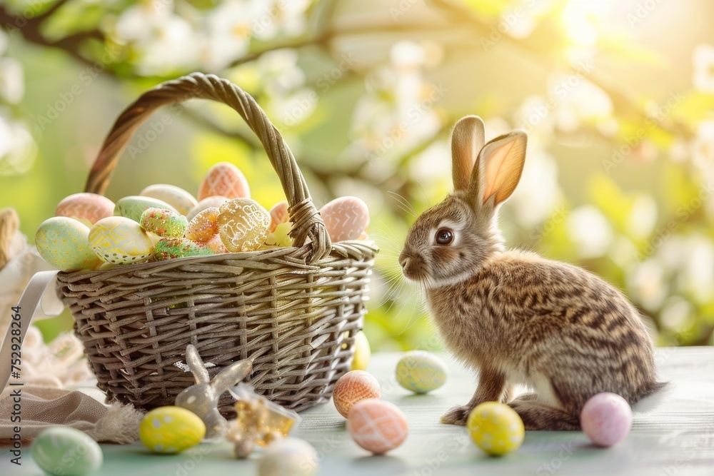 Colorful Easter Egg Basket Eggstravaganza. Happy easter Grandeur bunny. 3d easter hyacinth rabbit illustration. Cute Turquoise Aquamarine festive card botanical illustration copy space wallpaper
