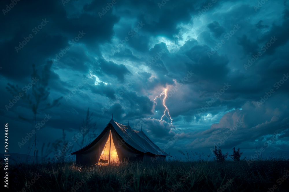 A large tent with light coming out of it in the field in the evening against the background of an approaching storm in the sky with lightning
