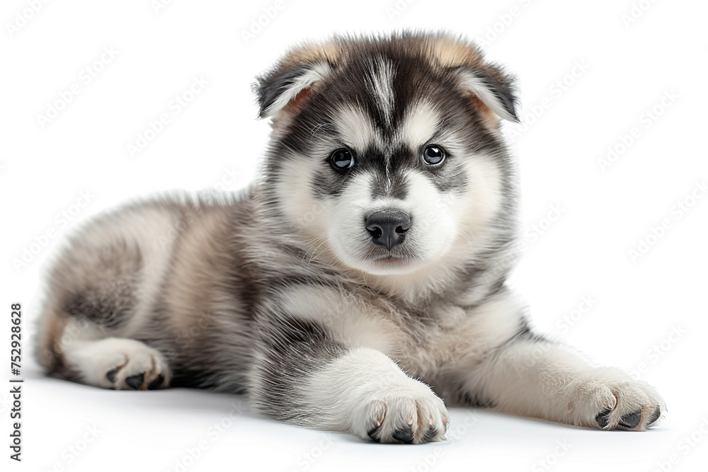 Curious Alaskan Malamute pup, its eyes full of wonder. Isolated on transparent background.  