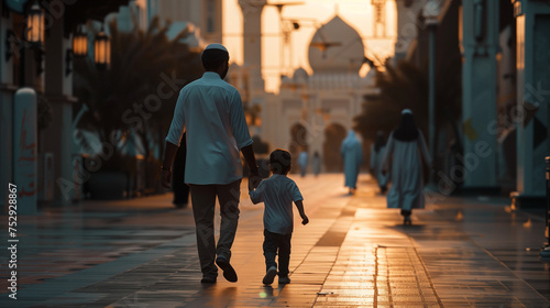 the son and his dad walking to prayers photo