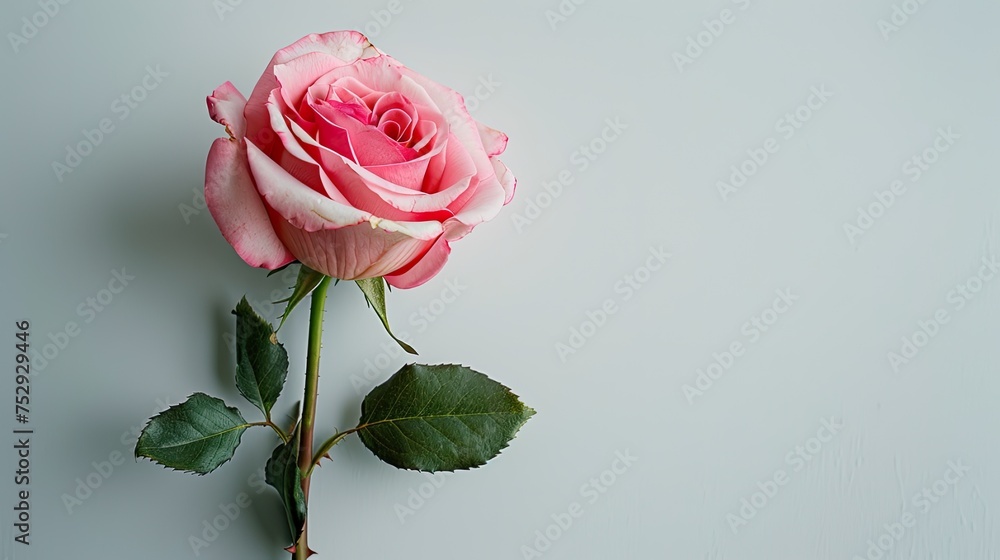 Fototapeta premium a pink rose flower against a white background, epitomizing the beauty of spring nature with ample empty space for text.
