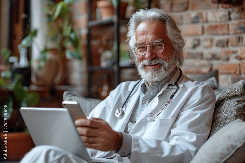 Elderly male doctor in white coat with stethoscope smiling while holding a tablet in a cozy office setting Elderly male doctor in white coat with stethoscope smiling while holding a tablet in a cozy office setting