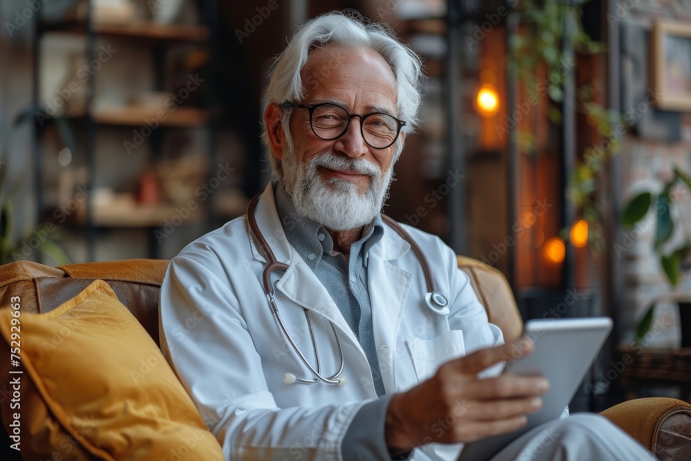 Cheerful mature doctor in a white coat and stethoscope using a tablet in a well-decorated office setting Cheerful mature doctor in a white coat and stethoscope using a tablet in a well-decorated office setting
