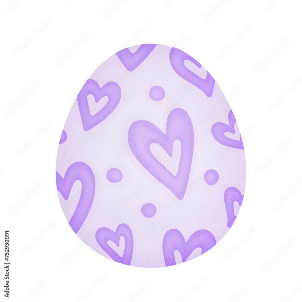 watercolor illustration Easter egg with purple pastel heart shapes