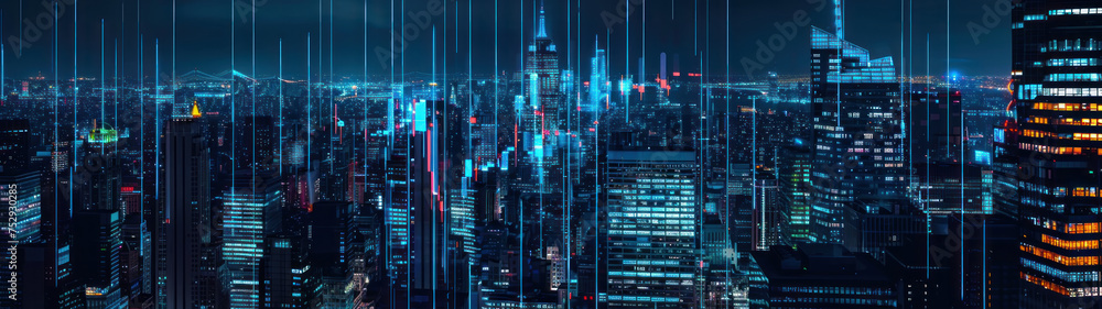 Urban Finance Night, Cityscape with financial charts illumination, Data meets city lights