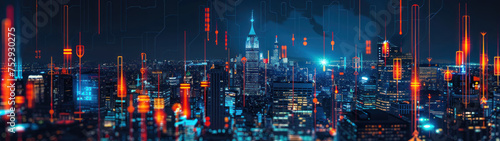 Urban Finance Night  Cityscape with financial charts illumination  Data meets city lights