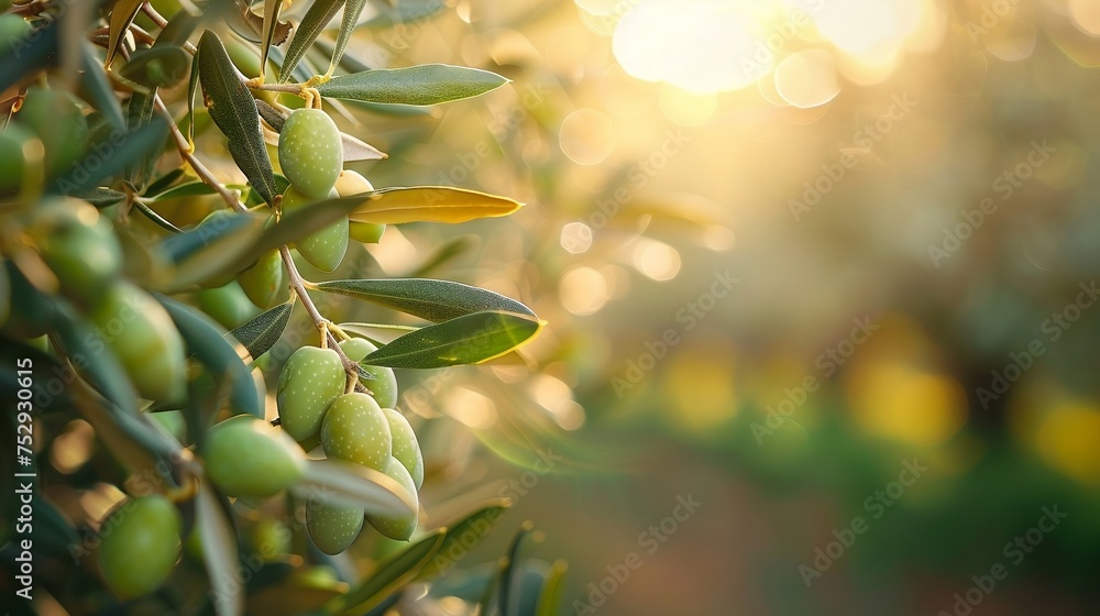 Obraz premium green olives, dusty grey leaves , out of focus grove of olive tree in the in the background