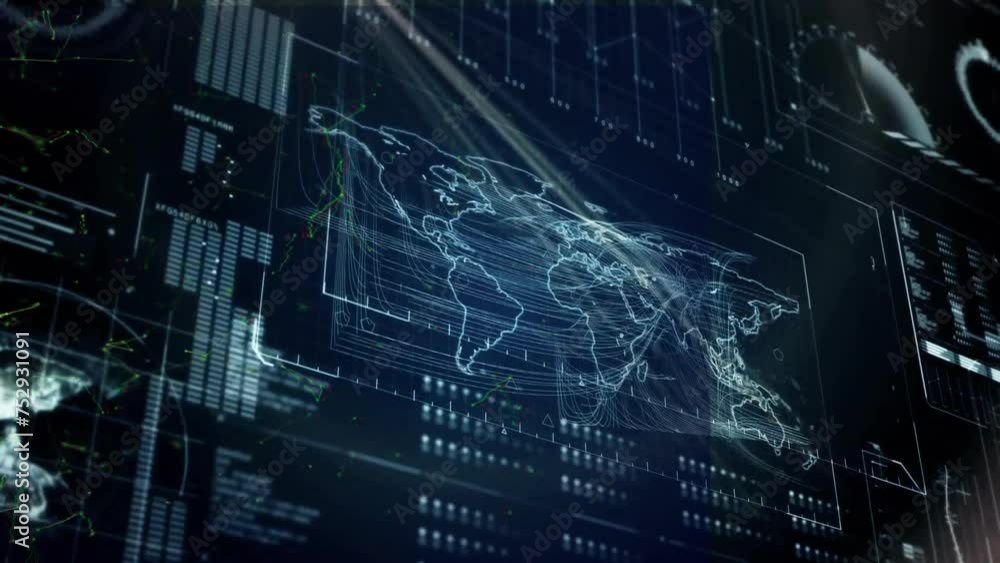 Animation of digital data processing over world map Animation of digital data processing over world map