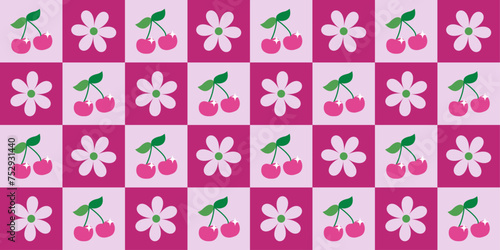 Checkered cherry and flower seamless pattern in pink colors. Aesthetic vintage print illustration in 2000s for background, textile, wrapping paper, fabric, wallpaper, cover design. Vector