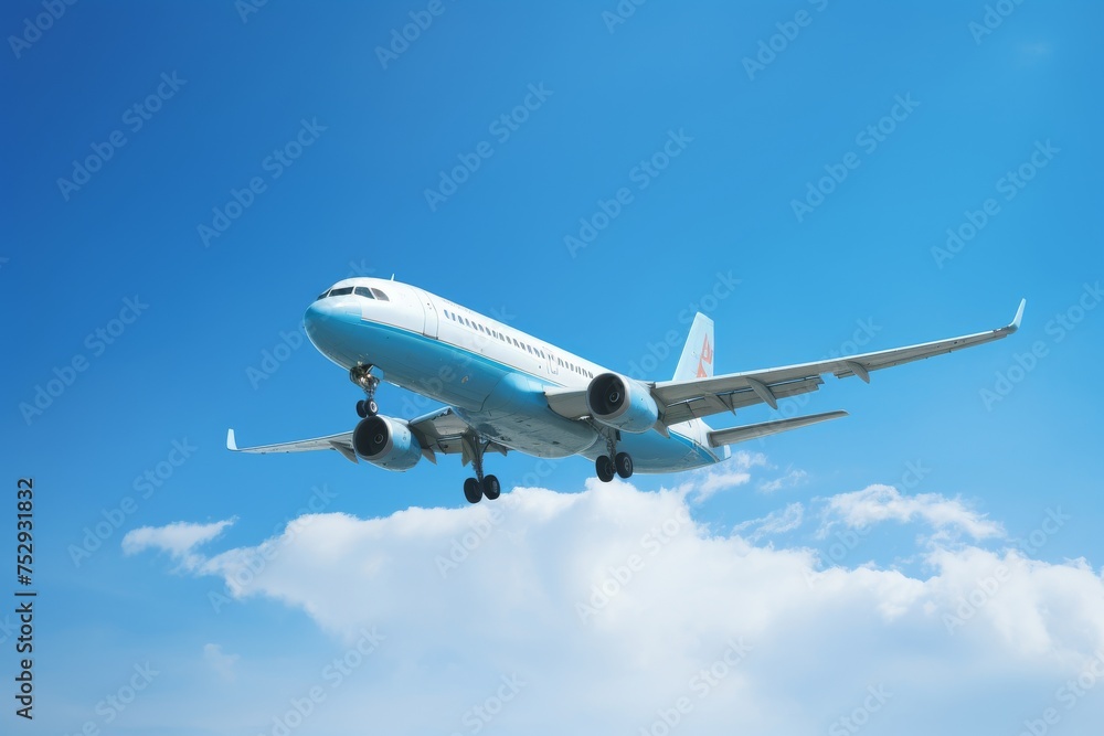 A commercial jetliner is captured mid-flight with landing gear down against a clear blue sky, showcasing modern air travel A commercial jetliner is captured mid-flight with landing gear down against a clear blue sky, showcasing modern air travel