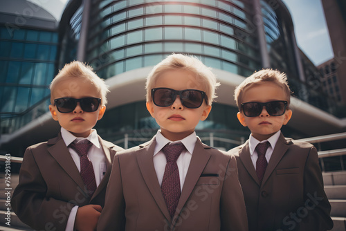 Three little cool serious boys in sunglasses walk against the background of a car in business suits standing in front of a business center