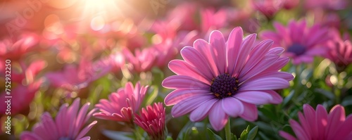 Blooming Pink Daisy Radiates in Sunlit Garden. Concept Floral Beauty, Pink Daisy, Sunlit Garden, Blooming Flowers, Nature Photography photo