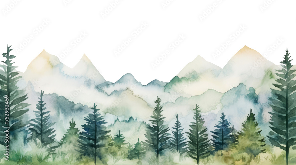 Fototapeta premium Watercolor mountains spruce trees landscape forest border, isolated hand drawn, watercolor illustration transparent background - Generative ai