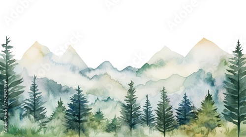 Watercolor mountains spruce trees landscape forest border  isolated hand drawn  watercolor illustration transparent background - Generative ai