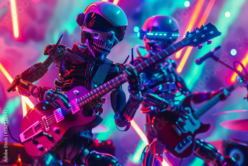 Two robot musicians playing electric guitars at a concert, generative ai