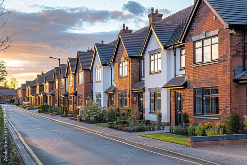 A picture-perfect suburban street lined with modern houses and a soft twilight casting a warm glow