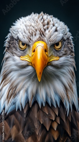 Closeup of majestic eagle's fierce face with vibrant yellow beak against dark background