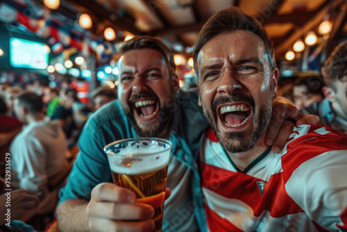 Happy soccer fan drinks beer in bar