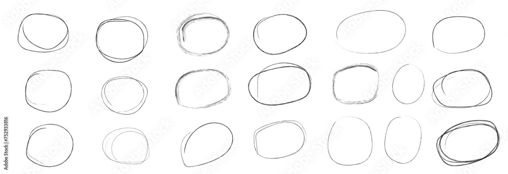 Hand drawn doodle grunge circle highlights. Charcoal pen round ovals. Marker scratch scribble in rounder. Round scrawl frames.  freehand painted circular note, Vector file illustration,