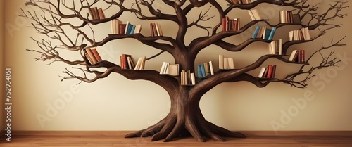 Creative bookshelf in the shape of a tree filled with books. Joy of reading, learning and celebrating National Reading Month. AI Illustration photo