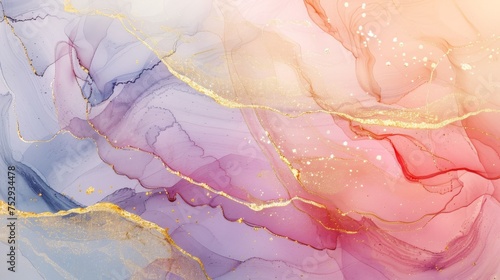 Abstract marbled art with golden veins through purple and pink shades. Delicate gold lines create a fluid effect in an abstract painting. Luxurious gold accents in a pastel-colored abstract artwork.