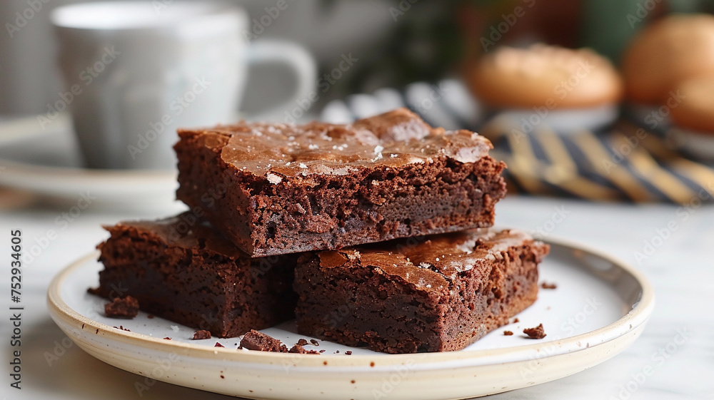 A white plate filled with brownies resting on top of a wooden table in a simple yet inviting display for dessert lovers. A white plate filled with brownies resting on top of a wooden table in a simple yet inviting display for dessert lovers.