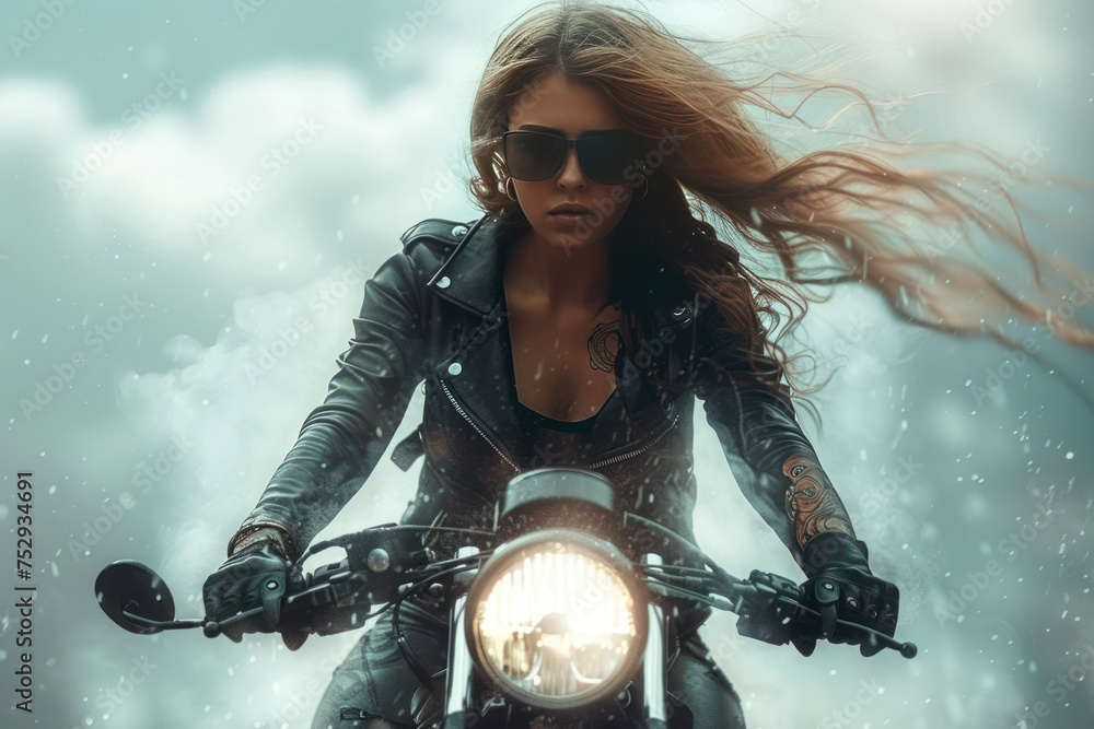 Obraz premium A Beautiful woman biker wearing glass with tattoos muscled arms and legs, long hair in the wind, high heel boots, leather jacket, riding a motorcycle