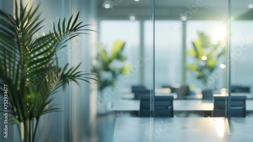 Green office space with indoor plants and modern meeting room. Focus on workplace wellness with potted palms. Contemporary office design with a touch of nature.