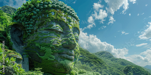 A large green Buddha statue on the left side, covered with moss and imposing © Attasit