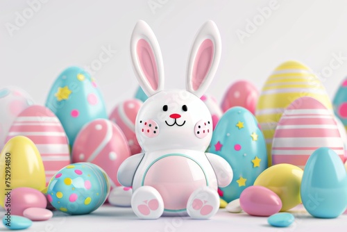 Colorful Easter Egg Basket Decorations. Happy easter Easter scene bunny. 3d Children Literature hare rabbit illustration. Cute Easter eggs festive card Unrevealed Easter Finds copy space wallpaper