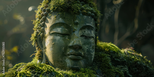 A large green Buddha statue on the left side, covered with moss and imposing