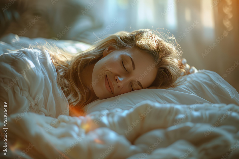 A middle-aged woman is smile sleeping on the bed, full body, soft lighting A middle-aged woman is smile sleeping on the bed, full body, soft lighting