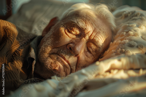 An elderly man was lying on the bed, his whole body lit by soft light