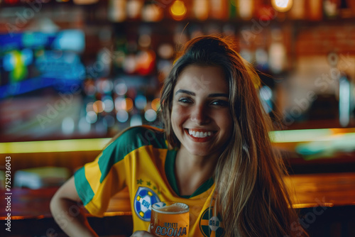 Happy soccer women fan drinks beer in bar