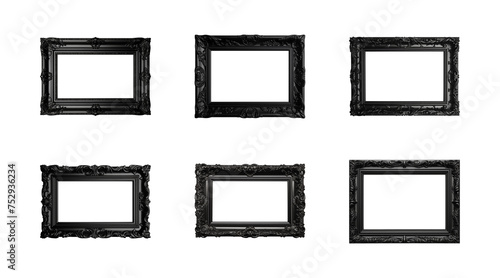 Collection of antique black rectangular frames isolated on a transparent background, PNG