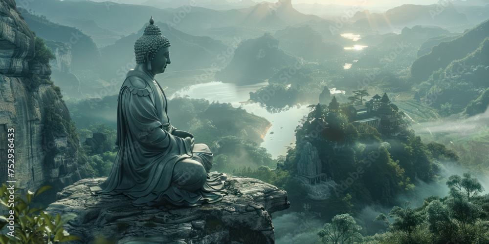 Buddha statues carved into the high cliffs of mountains, beneath which are lakes, verdant forests, morning mist, and rays of light Buddha statues carved into the high cliffs of mountains, beneath which are lakes, verdant forests, morning mist, and rays of light