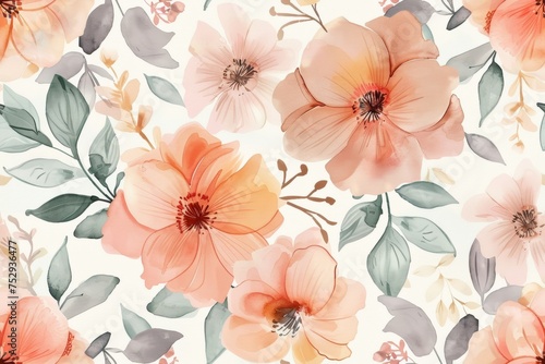 Soft watercolor floral pattern with peach and grey tones, perfect for elegant wallpapers or fabric designs.