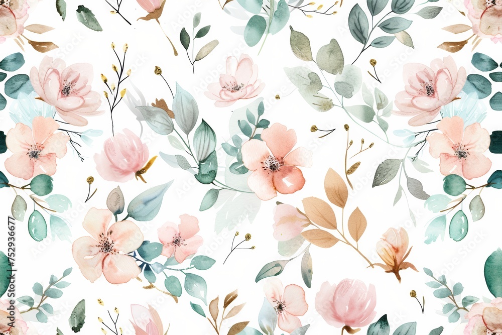 A delicate watercolor floral seamless pattern with blush pink blossoms and sage green foliage. - obrazy, fototapety, plakaty 