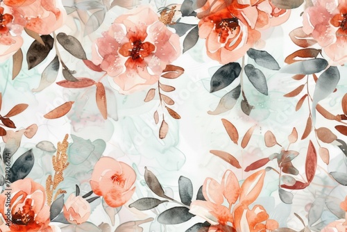 Soft watercolor floral pattern with peach and muted green tones, ideal for elegant fabric or wallpaper.